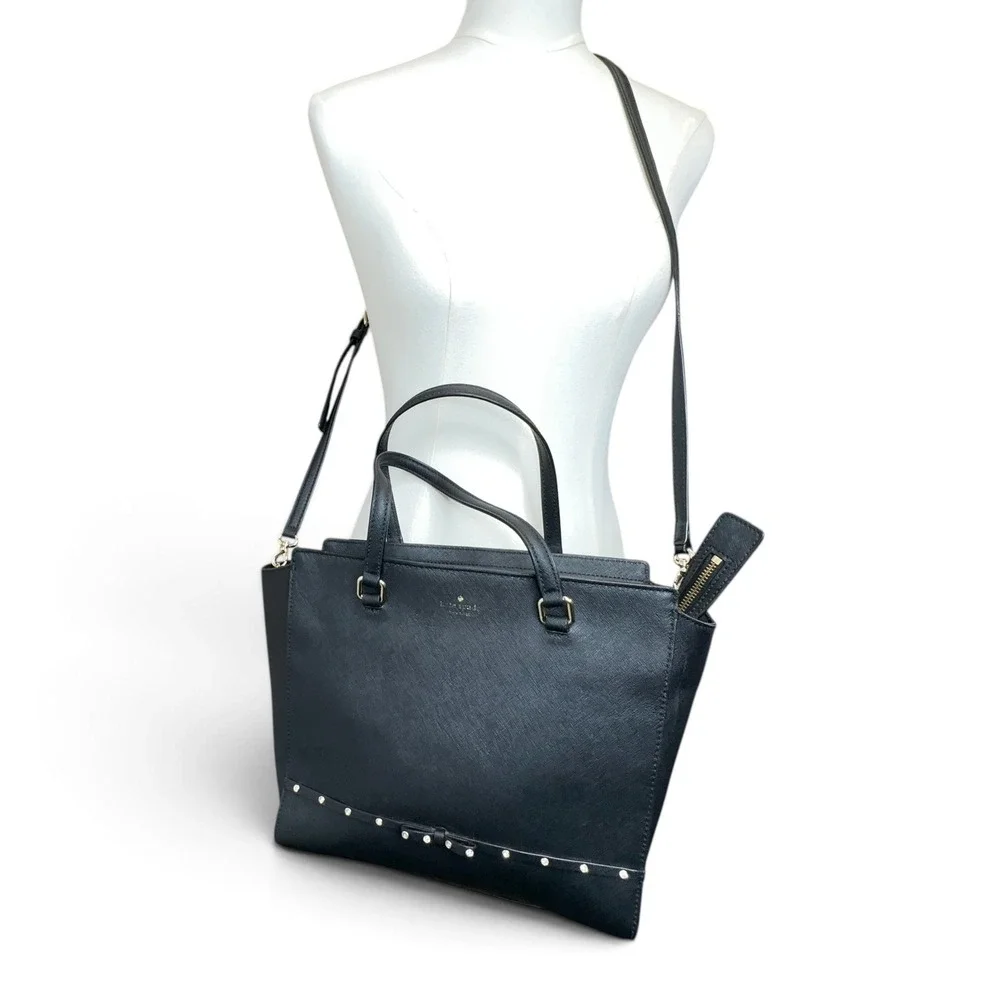 Kate Spade Laurel Way Large Jeweled Hadlee Bag Black Saffiano Leather Studded